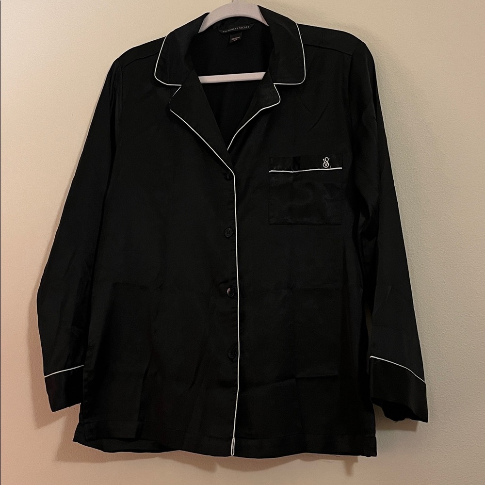 Black Button-Up Pajama Set with White Trim
